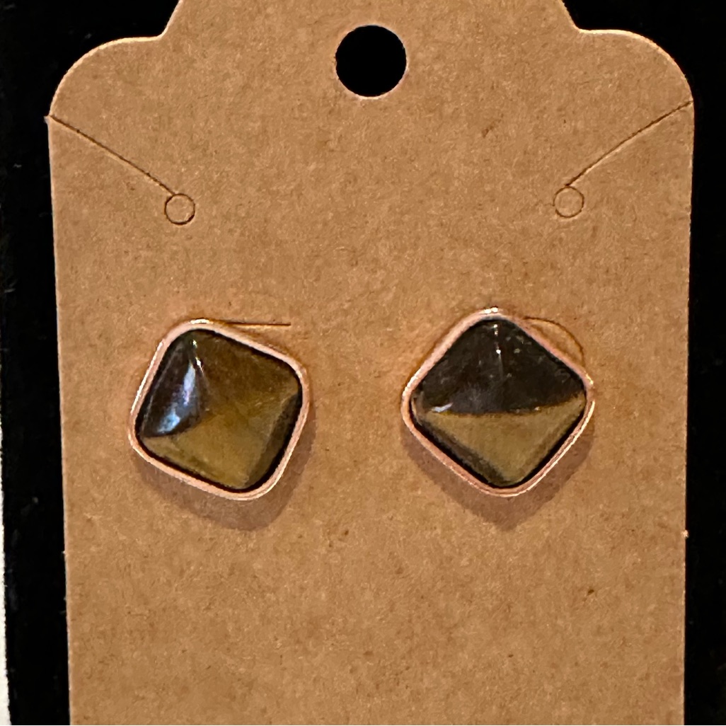Fossil Brand Earrings Gold Tone Squares With Tigers Eye Center